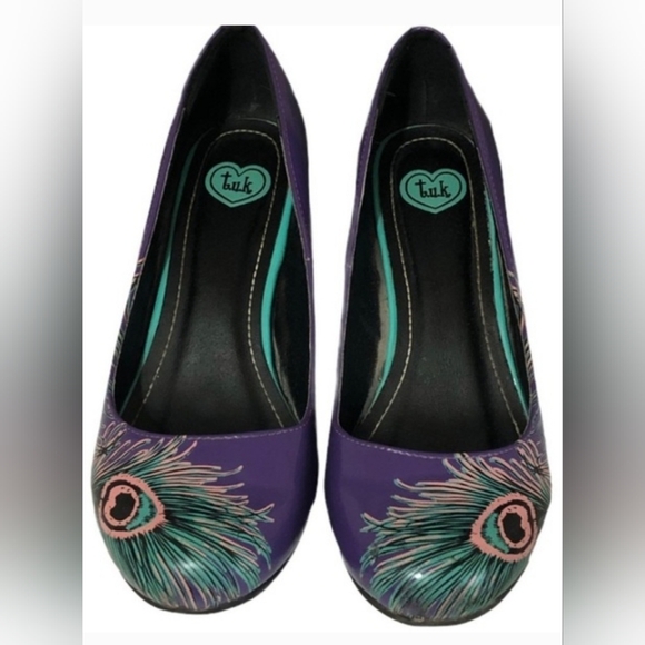 TUK peacock feather heels, retro style pinup footwear TUK size 8, quirky shoes - Picture 2 of 5
